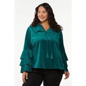 Cato Women's 22/24W‎ Teal Velvet Ruffle Bell Sleeve V-Neck Tassel Dressy Blouse